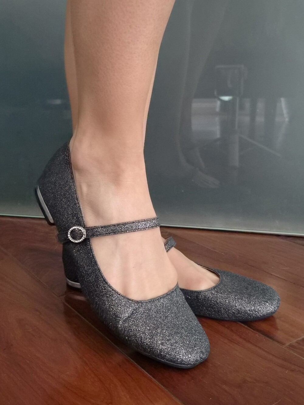 Self Esteem Black Glitter Mary Jane Dress Shoes for Kids